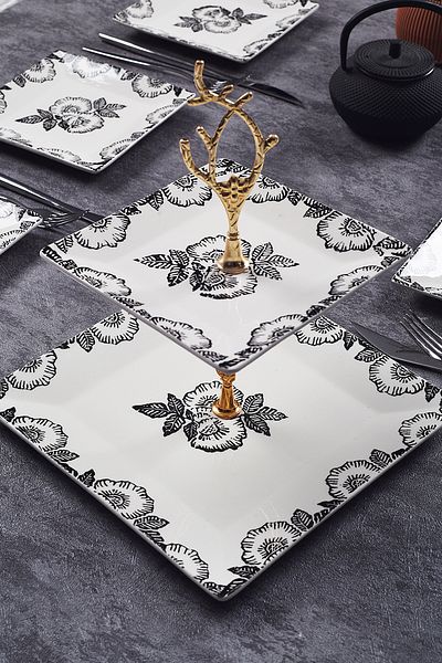 Piatti Naturali Double Layer Ceramic Black Rose Pattern Cookie Dish Snack Two Layer Presentation Plate Serving Set Catering