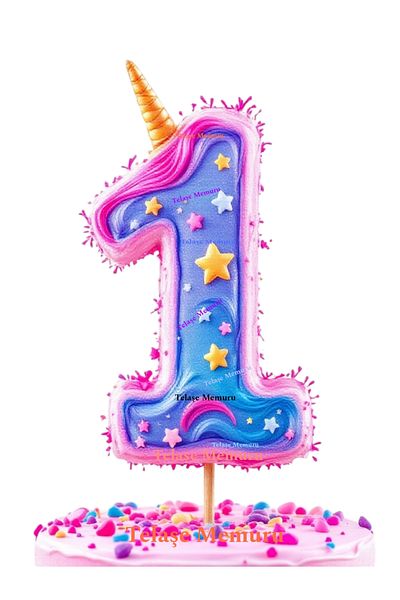 TELAŞE Unicorn Themed 1 Year Old Birthday Cake Decoration - Birthday Cake Decoration with Toothpick - Unicorn 1 Year Old Model 1