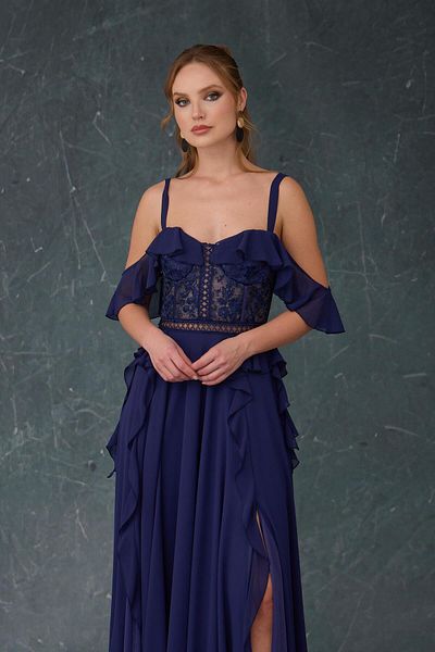 Carmen Navy Blue Flounced Evening Dress with Lace Slit on the Top