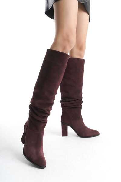 Limerence Deri Süet Dökümlü Topuklu Çizme BORDO