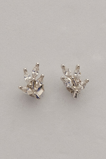 jingle bells Mekik Taşlı Minimal Yaprak Küpe 925 Ayar Gümüş Rodyum Kadın Küpe