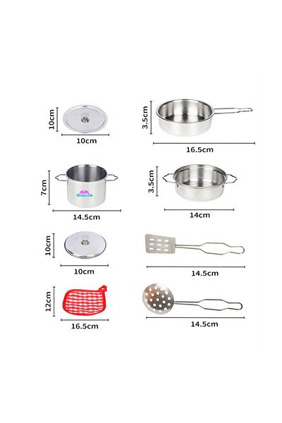 hediyecik Toy Metal Cookware Pan Kitchen Utensils Set Stainless Steel 8 Pieces