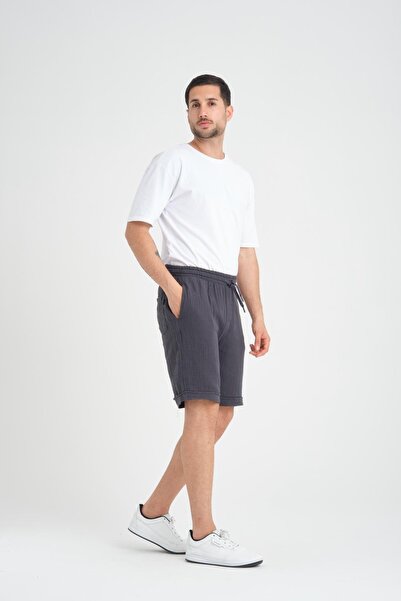 Valiberta Hafif Ve Rahat Duble Paça Müslin Erkek Şort - Füme