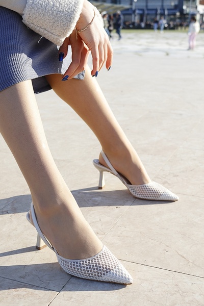 NiceDiffer Women's Mesh Pointed Toe Open Back Thin Heeled Shoes