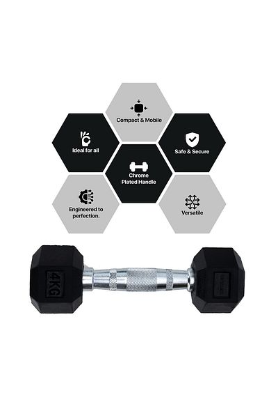 KETTLER Hexagonal Dumbbell Of 4kg (8.8LB) | Black | Iron With Rubber Coat | Weights At Home/gym | Unisex