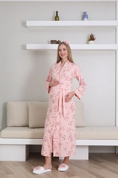 ERDENİZ TEKSTİL Floral Dressing Gown Short Sleeve Button Collar Maternity- Pregnant Women's Nightgown Set of 2