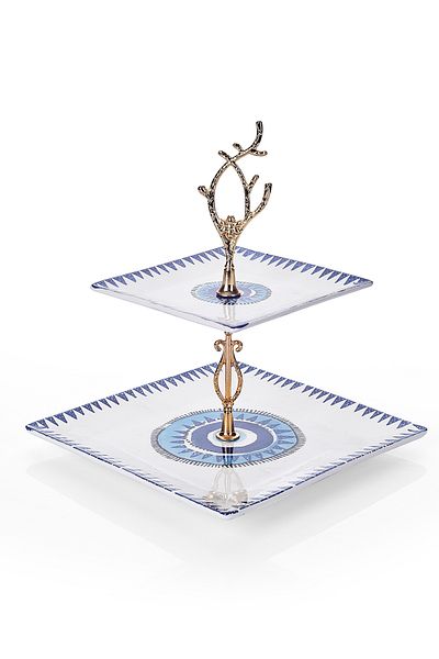 Piatti Naturali Double Layer Ceramic Evil Eye Pattern Cookie Holder Snack Two Layer Presentation Plate Serving Set Catering