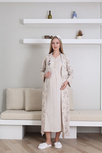 ERDENİZ TEKSTİL Floral Dressing Gown Short Sleeve Button Collar Maternity- Pregnant Women's Nightgown Set of 2