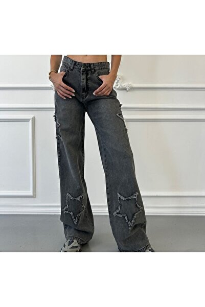 pass&pass 2424 Kadın Yıldız Detaylı Baggy Jeans Kot Denim Pantolon - Gri