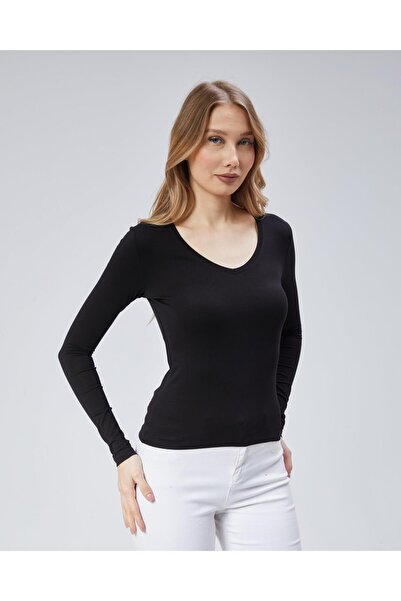 Virago بلوزة/جسم من القطن الناعم بأكمام طويلة ورقبة على شكل حرف V