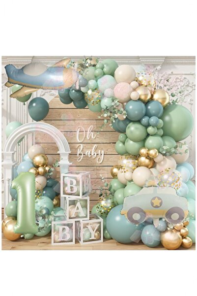 Partile Retro Renk Uçak Polis Arabası Küf Yeşili Rakamlı Baby Kutulu Doğum Gü...