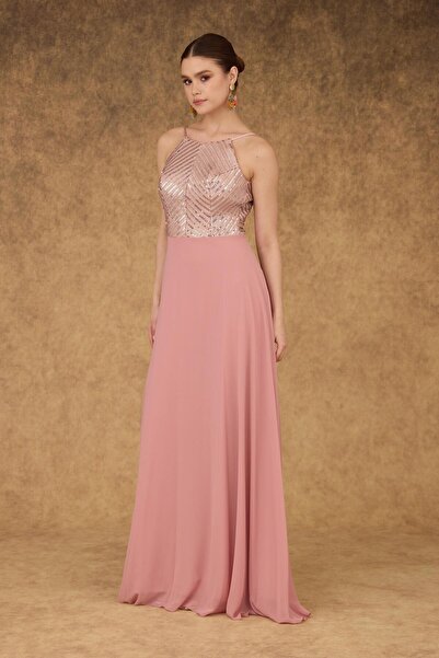 Carmen Dlouhé večerní šaty z šifonu s pudrovými flitry