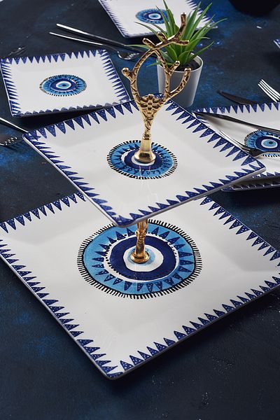 Piatti Naturali Double Layer Ceramic Evil Eye Pattern Cookie Holder Snack Two Layer Presentation Plate Serving Set Catering