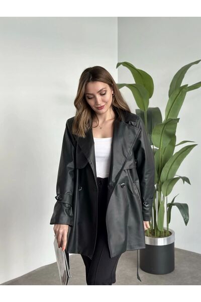 VESS MODA Kadın Siyah Suni Deri Kruvaze Yaka Kısa Trençkot