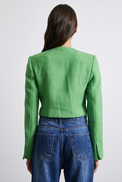 Never more Buttoned Tweed Jacket with Pocket Detail Pistachio Green