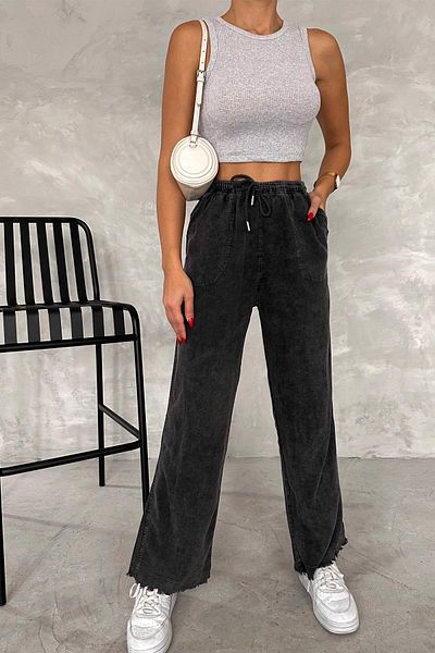 İstangül Butik Wide Leg High Waist Wash Pattern Linen Trousers