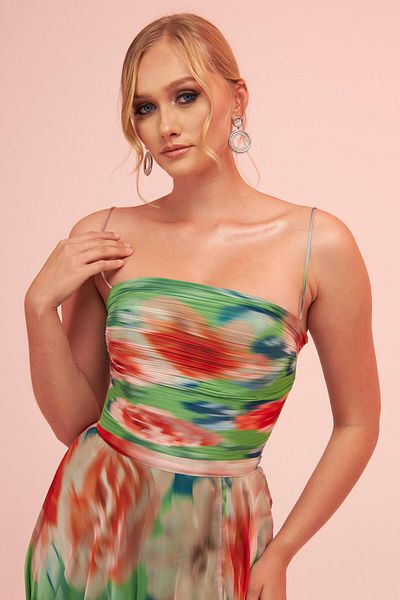 Carmen Green Strap Slit Printed Evening Dress