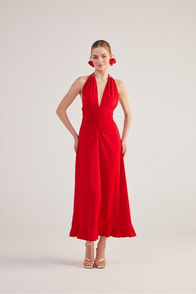 HOLLY LOLLY Red Long Singa Dress - Halter Neck