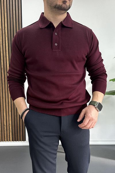 Edwox Pulover pentru bărbați cu gât polo roșu Claret - cu nasturi, Edw231