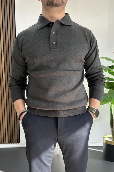 Edwox Anthracite Men's Polo Neck Sweater - Buttoned, Edw231