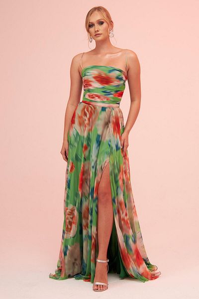 Carmen Green Strap Slit Printed Evening Dress