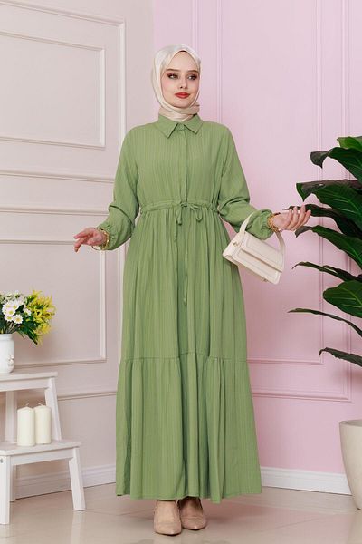 Sevitli Pistachio Green Shirt Collar Tunnel Waist Dress