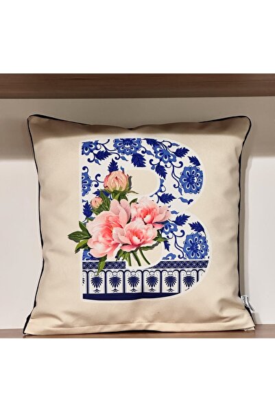 KIRLENTİM Çiçekli Harfli Krem Kadife Zemin Kenarları Biyeli Çift Tarafı Desen...
