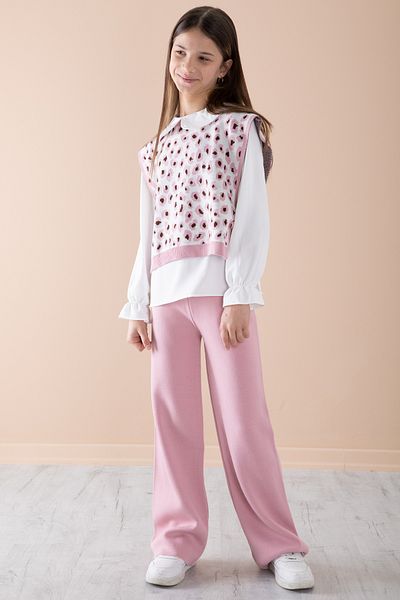 Cansın Mini Pink Sweater Shirt Girl's Knitwear Trousers 3 Piece Set 20339