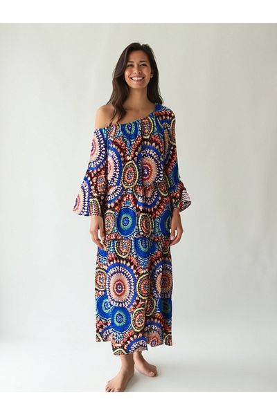 AYASOFYA OTANTIK Rochie lungă largi supradimensionată pentru femei, albastru roșu, elastic, guler Madonna, model etnic