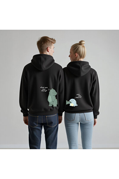 MODA Dinazor Couple Çift Miss You Hug Me Kapşonlu Sweatshirt Hoodie