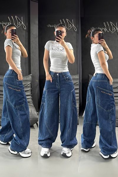 Köstebek Μπλε Navy Kangaroo Pocket Loose φαρδύ τζιν παντελόνι
