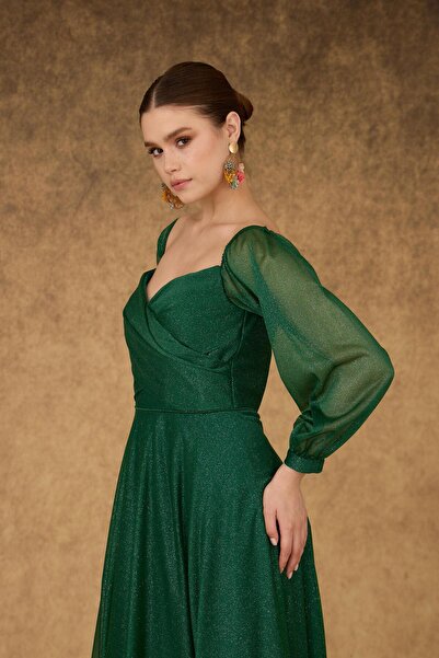 Carmen Smaragd csillogó gallér hosszú ujjú eljegyzés