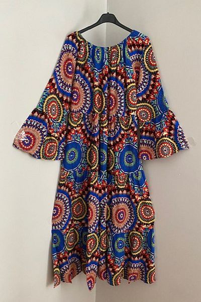 AYASOFYA OTANTIK Rochie lungă largi supradimensionată pentru femei, albastru roșu, elastic, guler Madonna, model etnic