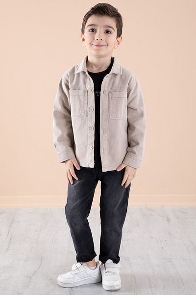 Cansın Mini Beige Jean Jacket Printed Boy's Trousers 3 Piece Suit 20312