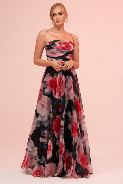 Carmen Schwarzes, bedrucktes Abendkleid mit Trägerschlitz