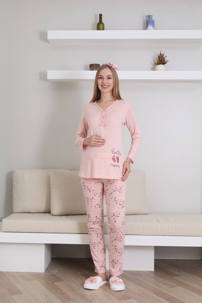 ERDENİZ TEKSTİL Σετ πιτζάμες εγκυμοσύνης-εγκυμοσύνης με γιακά με κουμπιά, μακ...
