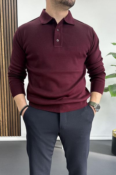 Edwox Pulover pentru bărbați cu gât polo roșu Claret - cu nasturi, Edw231