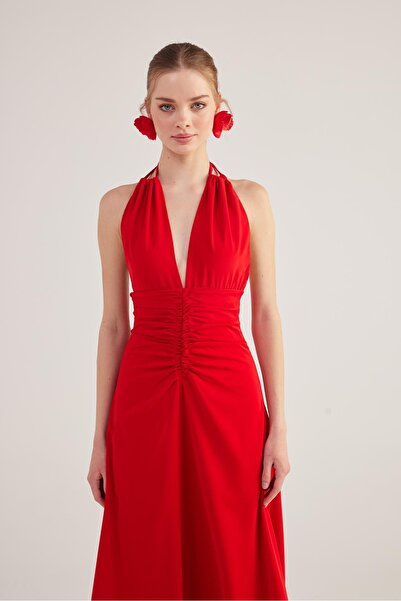 HOLLY LOLLY Red Long Singa Dress - Halter Neck