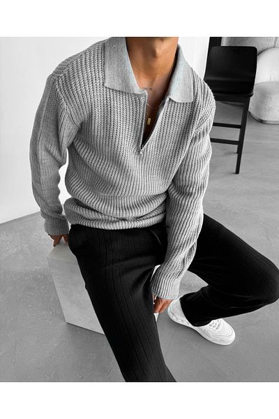 elkumoda Natural Cotton Zip-Up Oversize Polo Neck Knitwear Sweater - Stylish and Comfortable