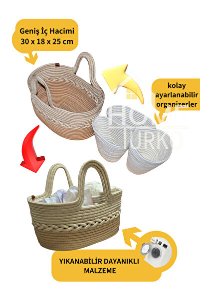 HomeTurko Geniş Hacim Moderin Jüt Anne Bebek Bez Mendil Çamaşır Sepeti Çıkarılabilir Organizerli Kulplu Çanta
