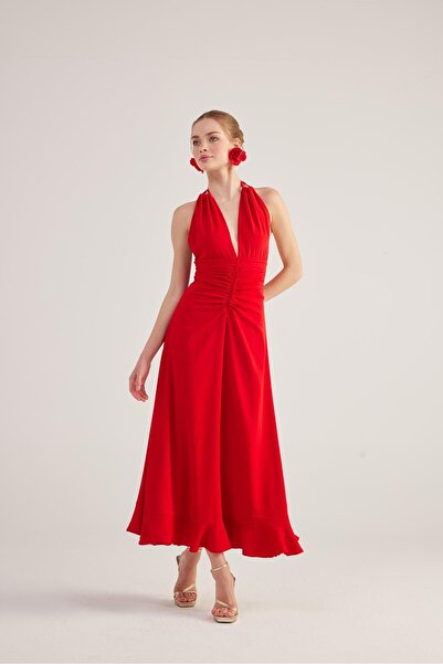 HOLLY LOLLY Red Long Singa Dress - Halter Neck