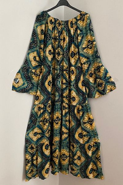 AYASOFYA OTANTIK Women's Green Yellow Colored Elastic Yesterday Round Madonna Collar Ethnic Print Oversize Loose Long Dress