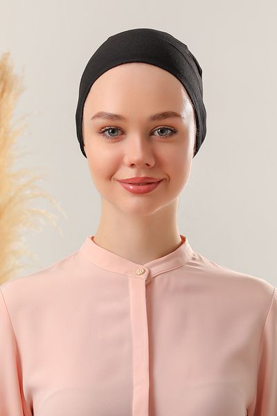 Melodi Scarf Μαύρο γυναικείο σετ καπό με ραμμένο Hijab - 10 τεμάχια δεμένο χτενισμένο βαμβάκι