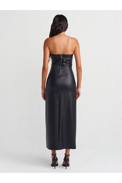 Dilvin 90814 Strapless Faux Leather Dress with Stitching Detail-Black