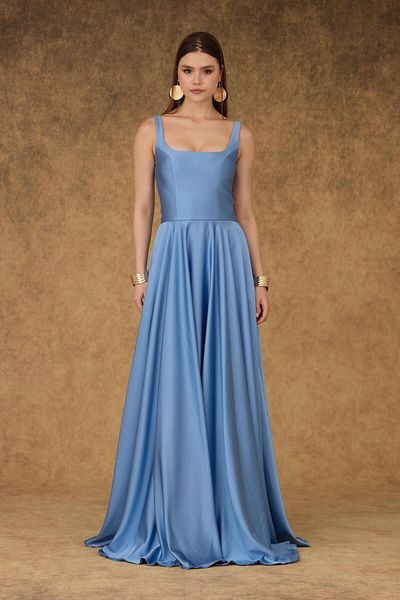 Carmen Indigo Square Neck Satin Evening Dress