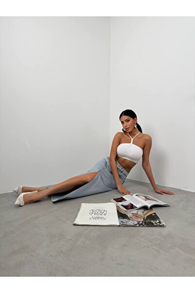 vuvutasarım Жіноча джинсова спідниця максі з розрізом, прикрашена тисненням і кишенями 23W02028