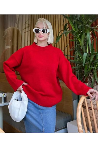 K-ODEA BUTİK Women's Red Oversize Knitwear Sweater - Soft Textured Crew Neck