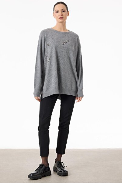 Tığ Triko Taşlı Ağ Desenli Triko Tunik GRİ