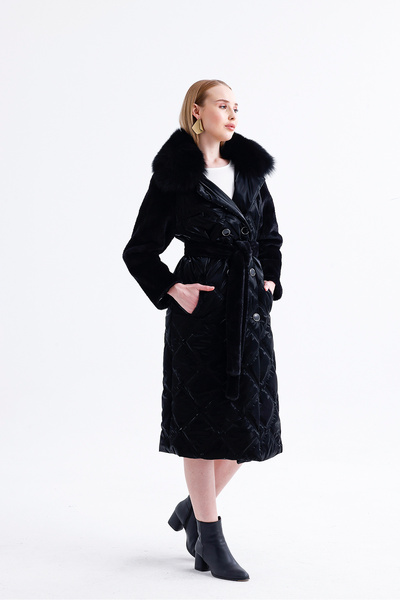 nero leather fur معطف أسود عملاق مبطن مقاوم للماء وقابل للنفخ، أكمام من قماش ...