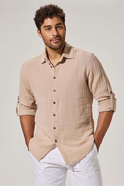 White By Nature Beige Double Face Long Sleeve Men's Shirt